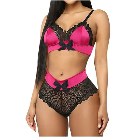 XMMSWDLA Women  s 2 Piece Floral Lace bralette bra and Panty Lingerie Set Lingerie corset Bodysuit Hot Pink
