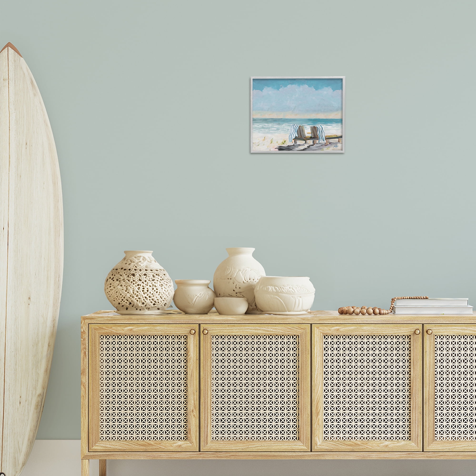 Stupell Industries Peaceful Beach Chairs Landscape Painting Gray Framed Art Print Wall Art, 14 x 11