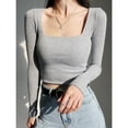 thumbnail image 2 of Women Ribbed Square Neck Crop Top With Long Sleeve, 2 of 9