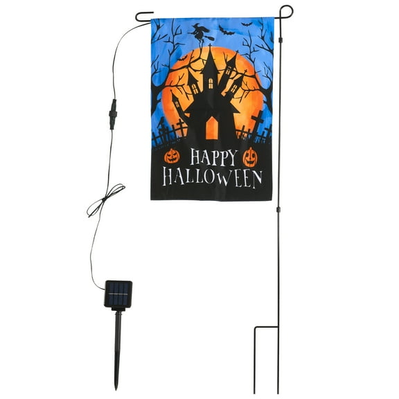 Heynemo Halloween Solar Garden Flag with Lights, Led 12"x18" Double-Sided Castle Witch Yard Flag, Season Decor for Lawn, Porch, Path