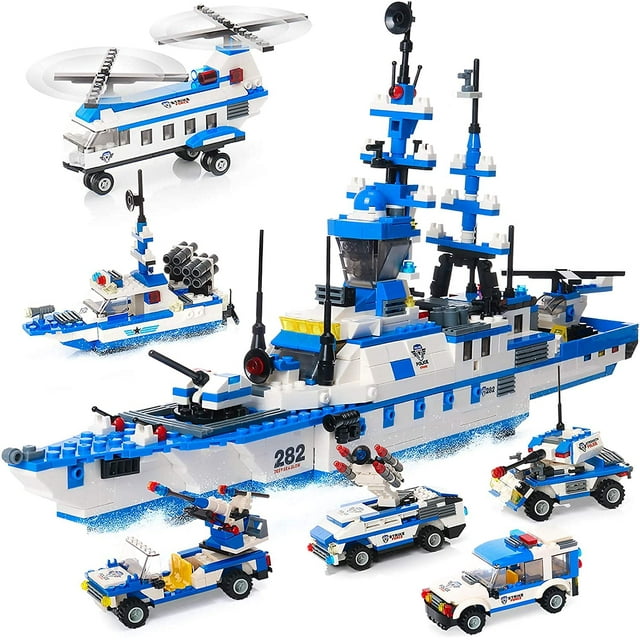Ep Ejercicio N Play Kit de bloques de construcción de barcos de policía de 1169 piezas con coche de policía, helicóptero, barco patrulla para niños y niñas de 6 a 12 años