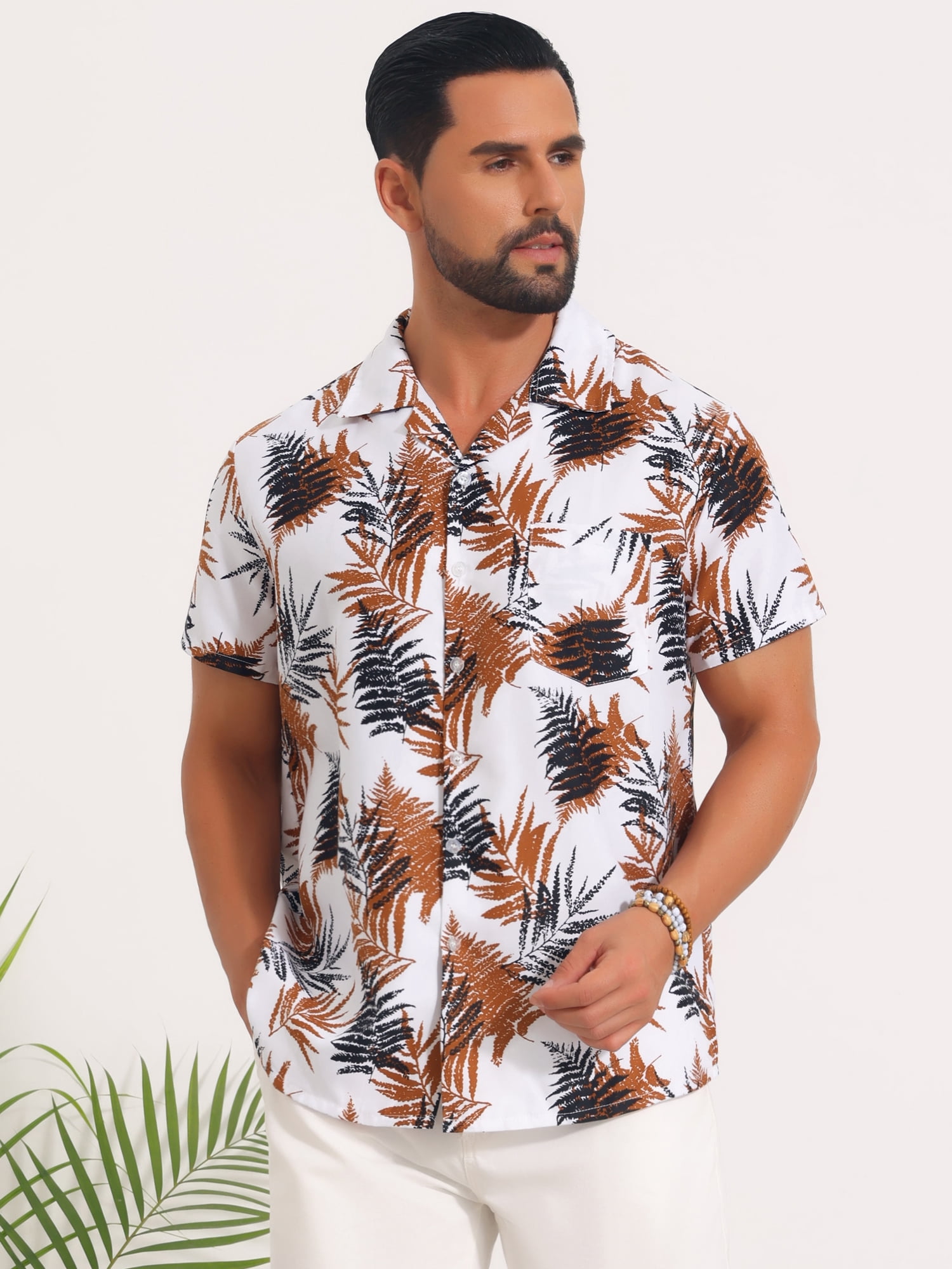 DARING DIVA Men's Short Sleeve Button Down Camp Collar Leaf Print Shirts XL White Brown