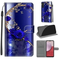 Flip Wallet Case for Samsung Galaxy A14 5G, with Kickstand Credit Card Holder Slot Cute Pattern Magnetic Clasp Premium PU Leather Protective Case with Wrist Strap - Blue Rose   Golden Butterfly