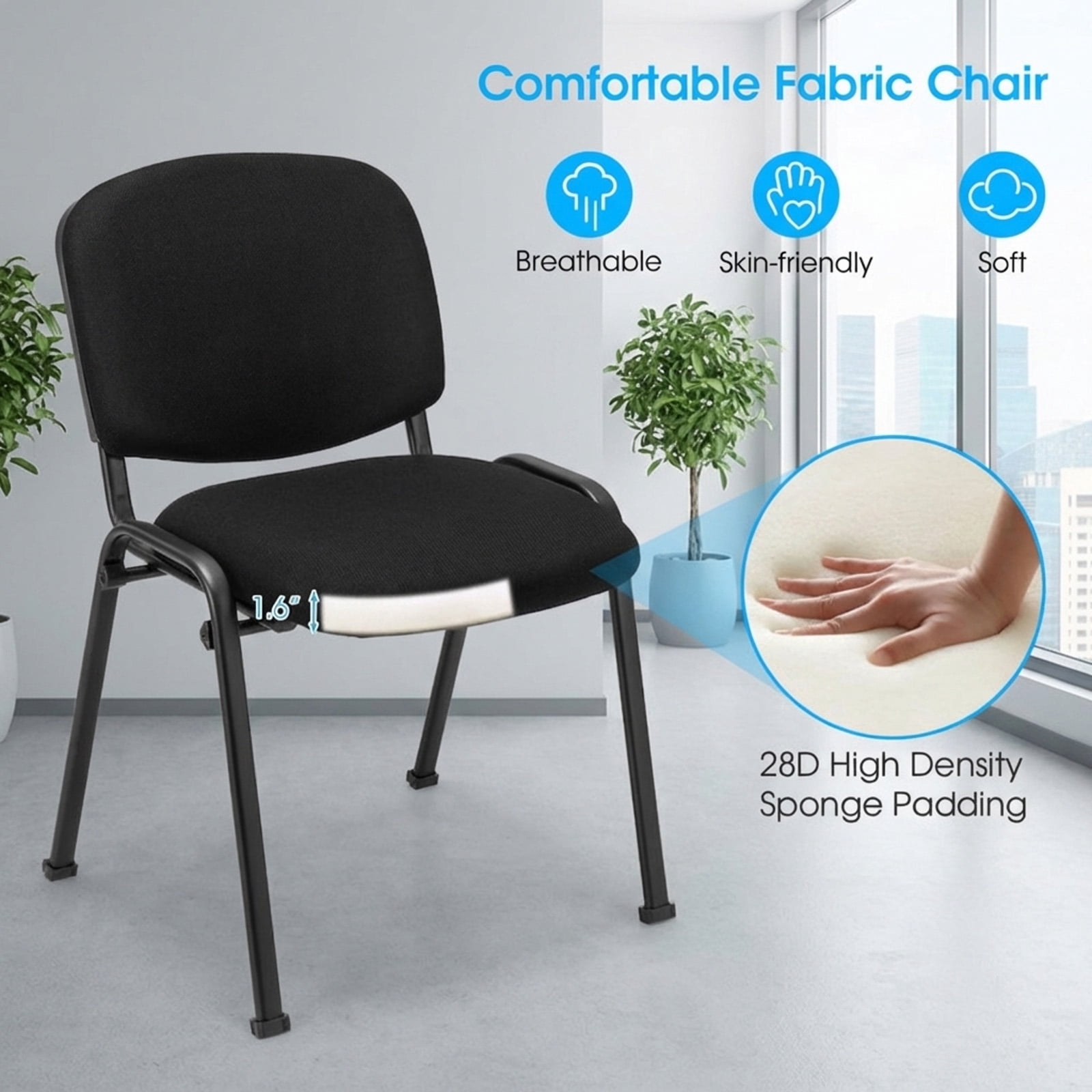 Furnibear Conference Chair Set of 5, Stackable Reception Office Guest Chair with Linen Padded Seat and Metal Frame for Meeting Waiting Room, Black