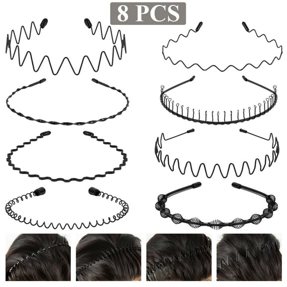 Arroyner 8Pcs Unisex Metal Hair Bands, Elastic Non-Slip Spring Headband with Wavy, Fashion Hair Hoops for Sports