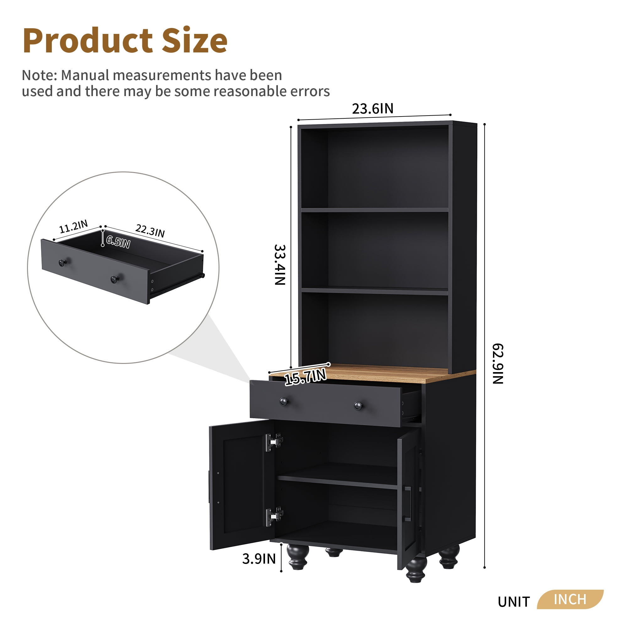 Leumius 63" Farmhouse Tall Kitchen Pantry,5 Layers Storage Cabinet with Adjustable Shelves,Modern Pantry Cabinet with Drawer for Kitchen, Dining Room, Bathroom, Living Room,Black