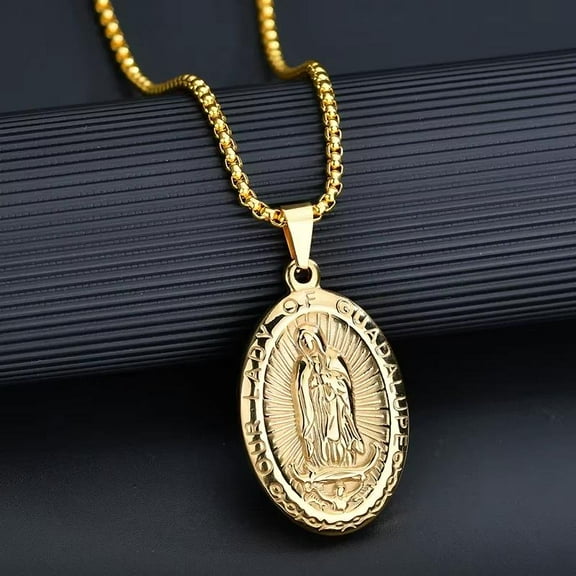 Gold Plated Stainless Steel Guadalupe Virgin Mary Necklace Pendant Box Chain N41