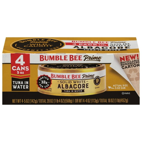Bumble Bee Prime Solid White Albacore Tuna in Water, Wild Caught, Gluten Free, 32g Protein Per Serving, Shelf Stable Can, 5 oz (Pack of 4)