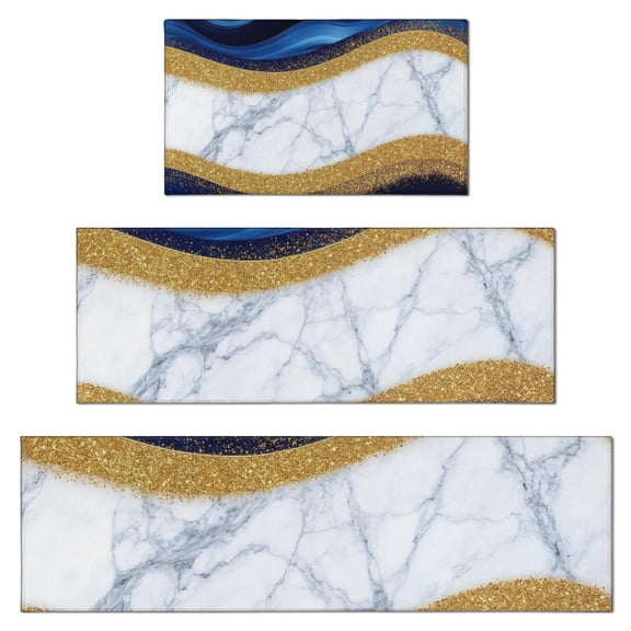 Blue Gold Wave Marble Pattern Kitchen Rugs Sets Of 3,Kitchen Runner Rugs Non Skid Washable,Decorative Kitchen Floor Mats for Kitchen,Sink,Laundry,17"x30"  17"x47"   17"x59"