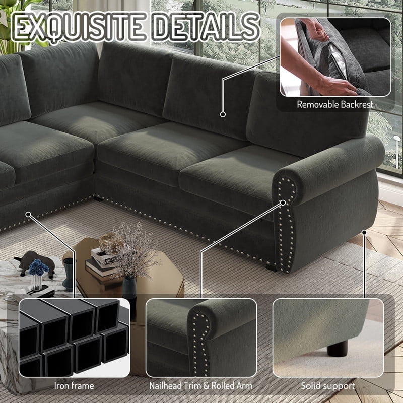 88.2" Sectional Sleeper Sofa with Pull Out Bed, Convertible Sleeper Couch with Nailhead Trim, 5-Seat Sectional Sofa Chenille Couch for Living Room Apartment