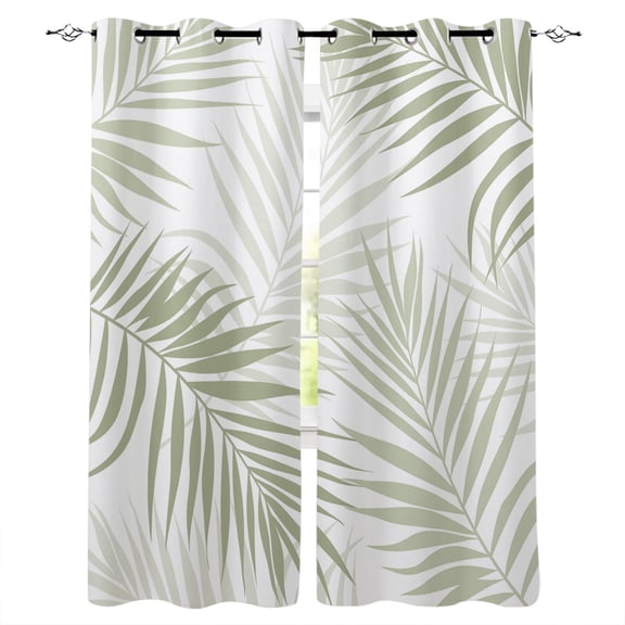 Palm Leaves Blackout Curtains Light Blocking Print Window Curtains, Modern Simple Tropical Botanical Sage Green Thermal Insulated Window Drapes for Living Room Kitchen Cafe (2 Panels, 55"W x 39"L)