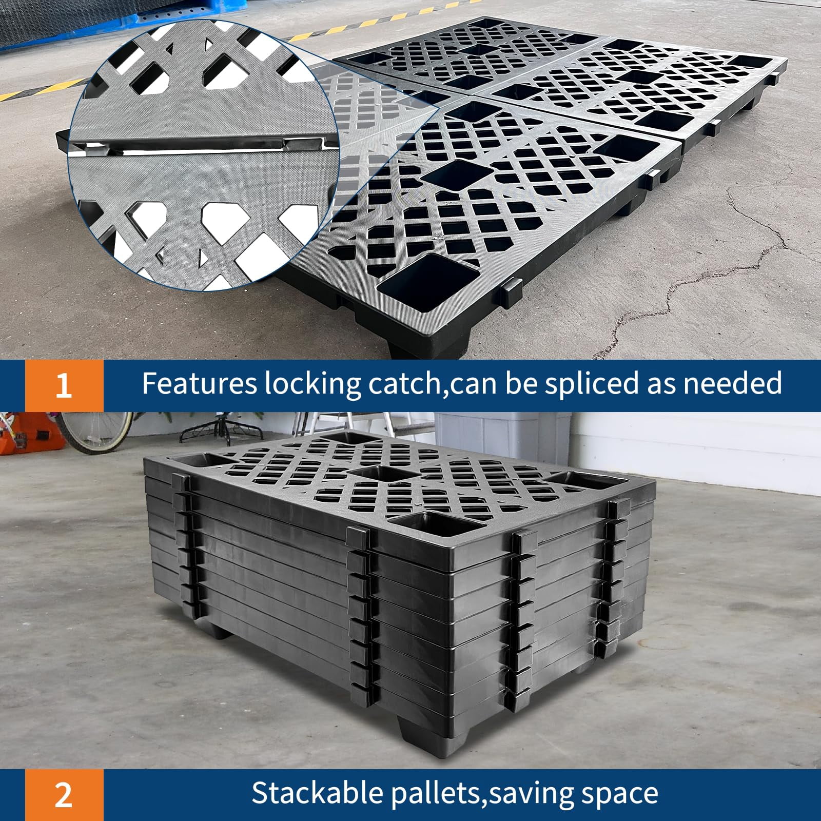 6-Pack Interlocking Plastic Pallets, 23.6x15.7x3.9 Inches, Heavy Duty Waterproof & Stackable Floor Pads for Garage, Basement, Storage Organization