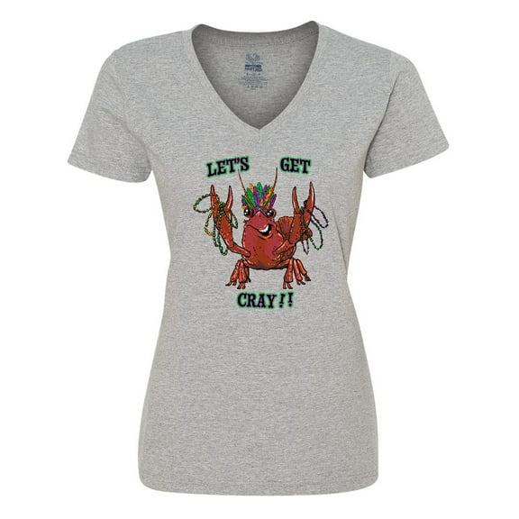 Inktastic Mardi Gras Let's Get Cray Crayfish with Beads Women's V-Neck T-Shirt