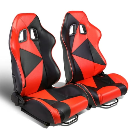 Front Replacement Seat Slider - Set of 2 Triangle Pattern Type-R PVC Leather Reclinable Racing Seat w/ Universal Sliders (Black/Red)