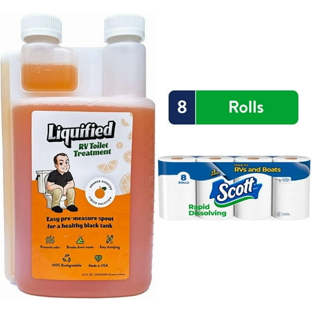 Scott Rapid-Dissolving Toilet Paper (8 Double Rolls) + Matt’s RV Reviews Liquified RV Toilet Treatment, Orange Scent (32 oz)