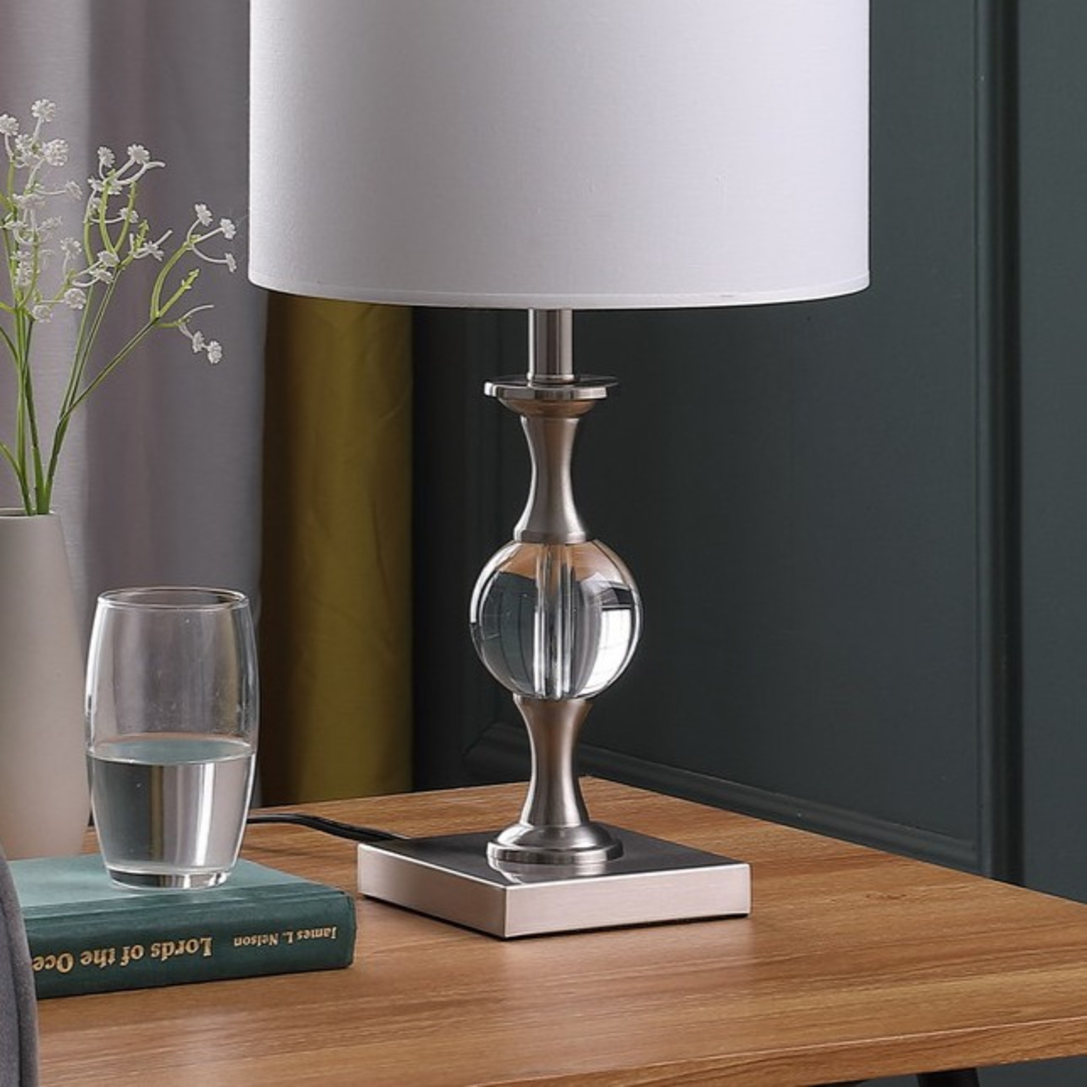 Noble House 19.75" Solid Crystal Orb Table Lamp, Satin Nickel Base, White Drum Shade, E26 Light Bulb, Silver