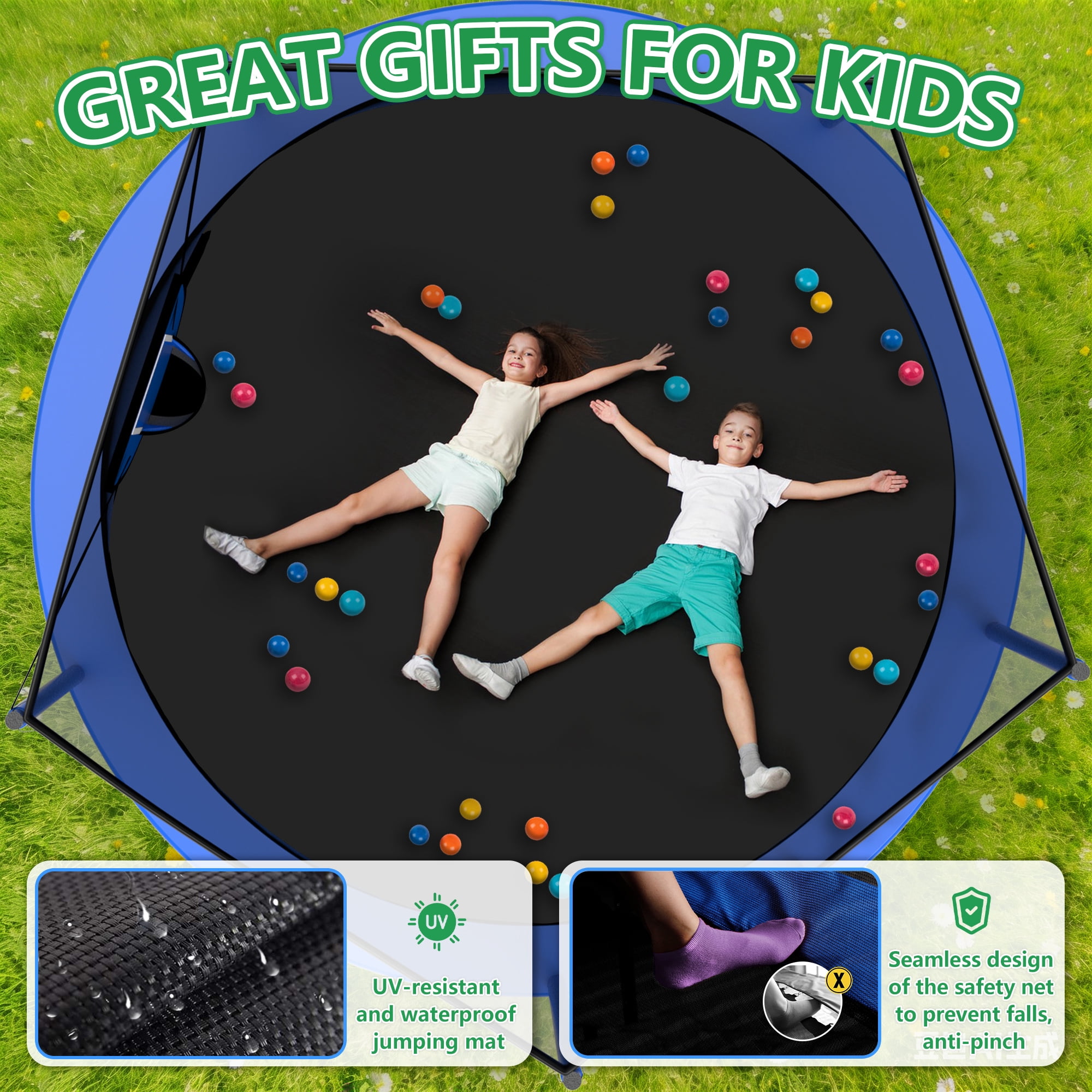 LHX Trampoline with Basketball Hoop 14FT 1400LBS Outdoor Trampolines for Kids Adults Backyard Heavy Duty Round Trampoline with Safety Enclosure Net, Lights, Sprinklers, Socks, No Gap Design