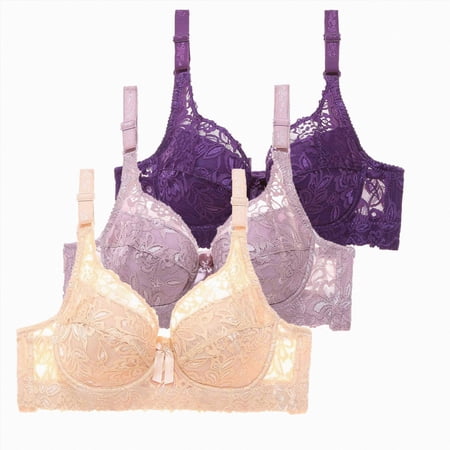 COMVALUE Lace Bralettes for Women Deep V Underwire Push Up Beauty Back Bras Gathered Adjustable Straps Floral Everyday Bra (Purple, 85B)