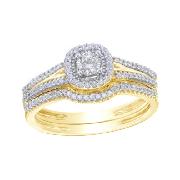 AFFY White Natural Diamond Frame Split Shank Vintage-Style Bridal Ring Set In Solid Gold (0.38 Cttw)