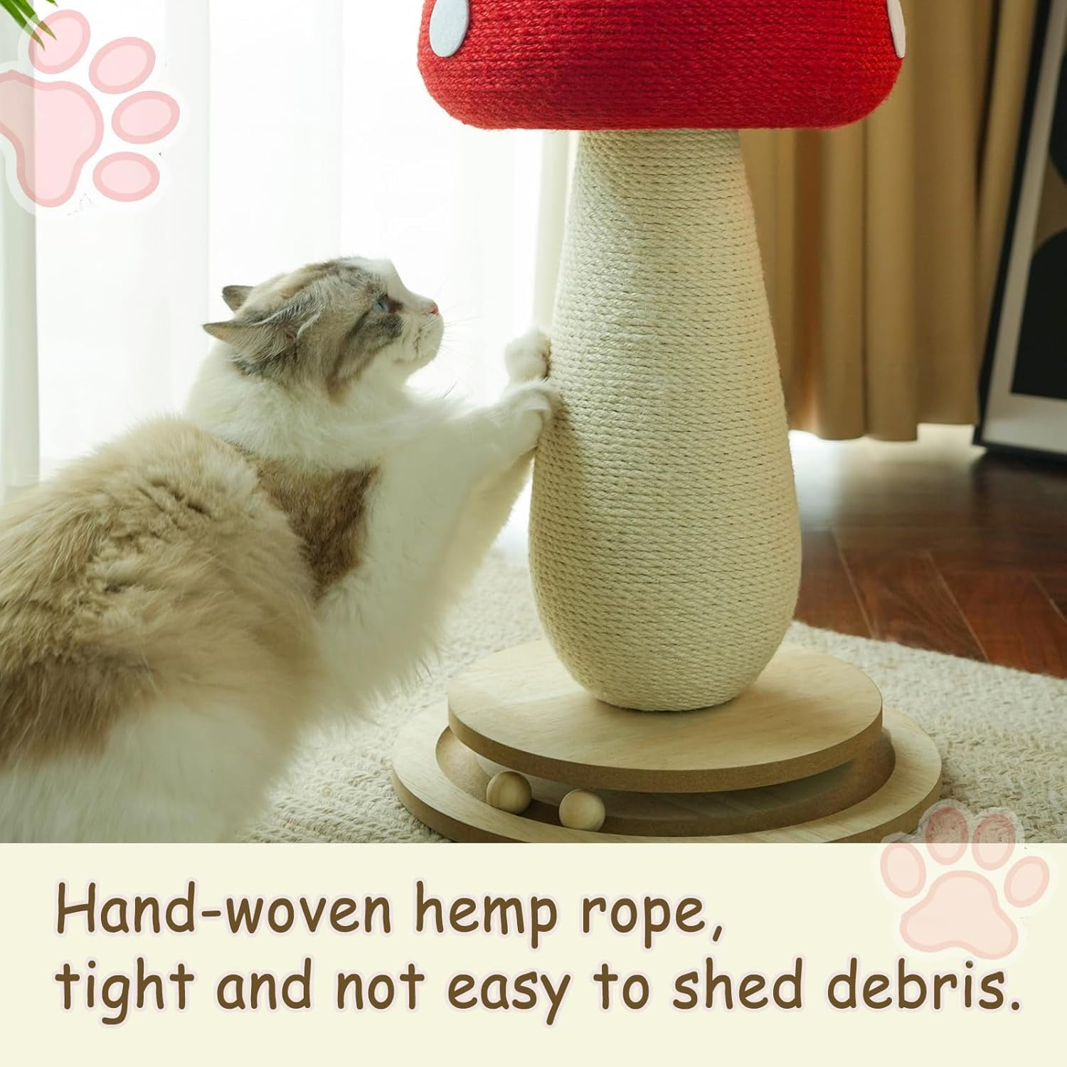 Mushroom Cat Scratching Post for Indoor Cats, Cute Scratching Post with Durable Solid Wood Spinner Toy, Mushroom-Shaped Cat Toy and Sisal Scratching Post to Protect Your Furniture