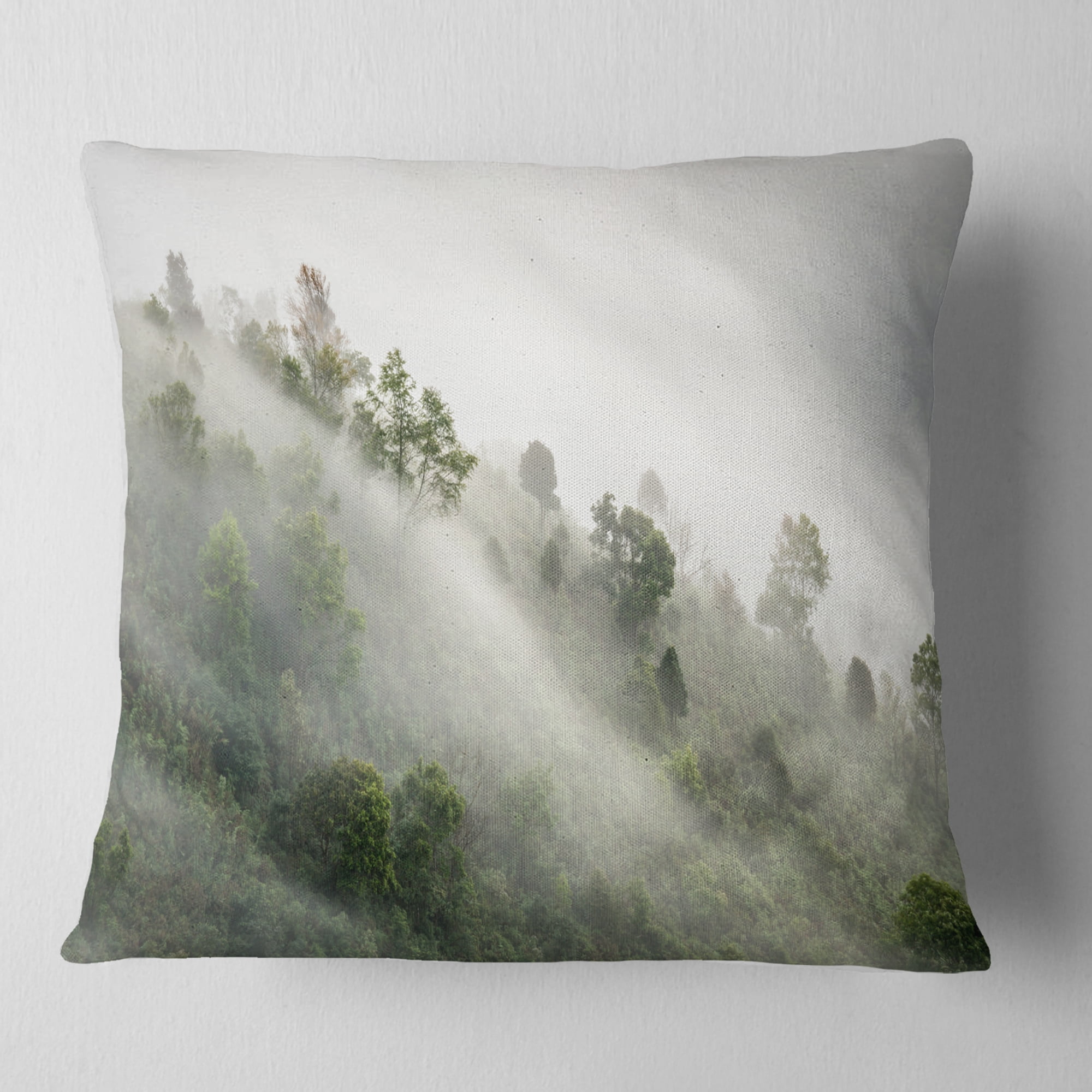 Designart Mystical Foggy Mountain Slope - Landscape Photography Throw Pillow - 16x16