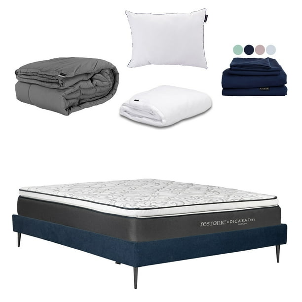 Colchón Matrimonial Trini Dicasa + Base Cama Slim + Almohada One + Protector Cloud + Sábanas Softy + Edredón Homy