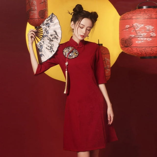 Vestido de novia estilo cheongsam para mujer, corto, modificado, color rojo vino, para boda, para otoño