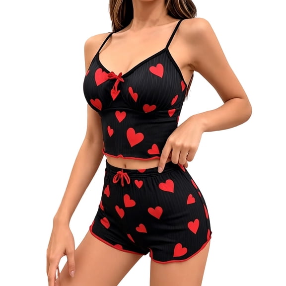 Koadzawe Women's Two Piece Pajamas Set Sleeveless Cami Top and Ruffle Shorts Sleepwear Sweet Heart Print Loungewear V Neck Pjs Set Casual Nightwear for Women Summer Black L