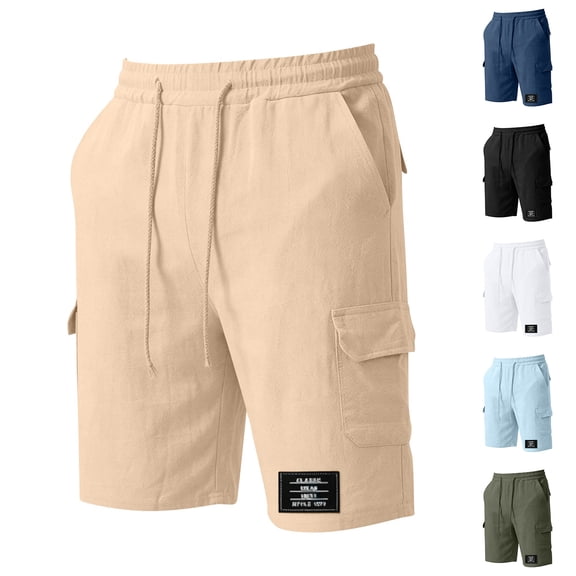 Men Summer Cargo Shorts with Multiple Pockets Classic Fit Drawstring Waist Casual Style 1979 Print Lightweight Workwear