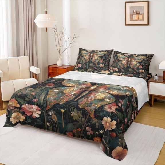 Homewish Mystic Butterfly Animal Twin Sheet Sets, Hippie Flower Floral Twin Fitted Sheet, Bohemian Mandala Style Flat Sheet, Breathable Home Decor, 3pcs