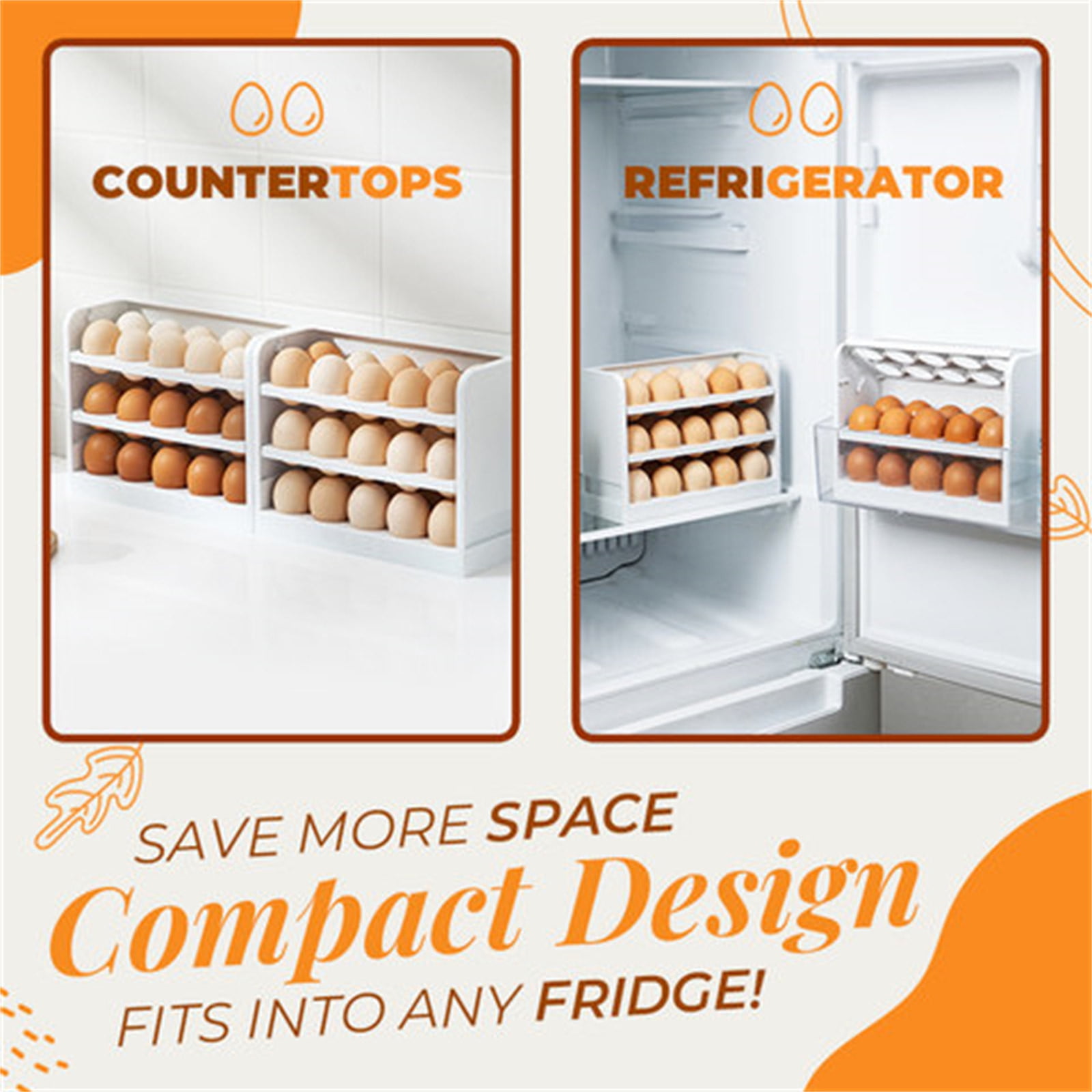 TOUMENY Flip Box 3-Layer Refrigerator Storage Box, 30-Slot Egg Holder for Kitchen Organization, Space-Saving Egg Tray with Turn-Over for Fridge Pantry Countertop
