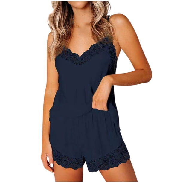 Conjunto de pijama sexy de encaje liso para mujer, con camisola y pantalones cortos, 2 piezas, tirantes ajustables
