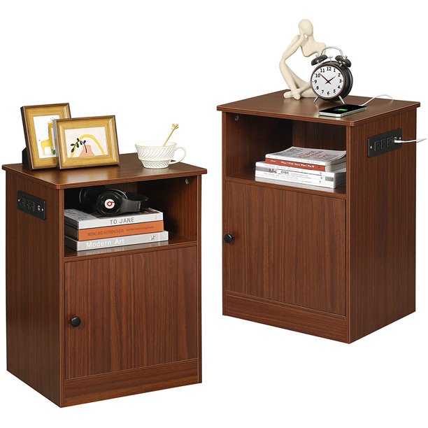 Nightstand Set of 2 with Charging Station, End Table with Storage