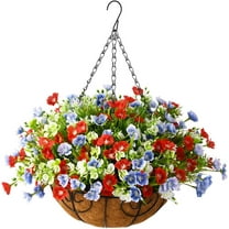 Artificial Silk Flowers in Hanging Basket Outdoor Indoor Patio Lawn Garden Decor, Fake Plant in Basket, Violet Hanging Basket with 12inch Coconut Lining Chain Palm Flowerpot(Red Blue)