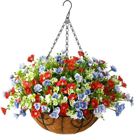 Artificial Silk Flowers in Hanging Basket Outdoor Indoor Patio Lawn Garden Decor, Fake Plant in Basket, Violet Hanging Basket with 12inch Coconut Lining Chain Palm Flowerpot(Red Blue)