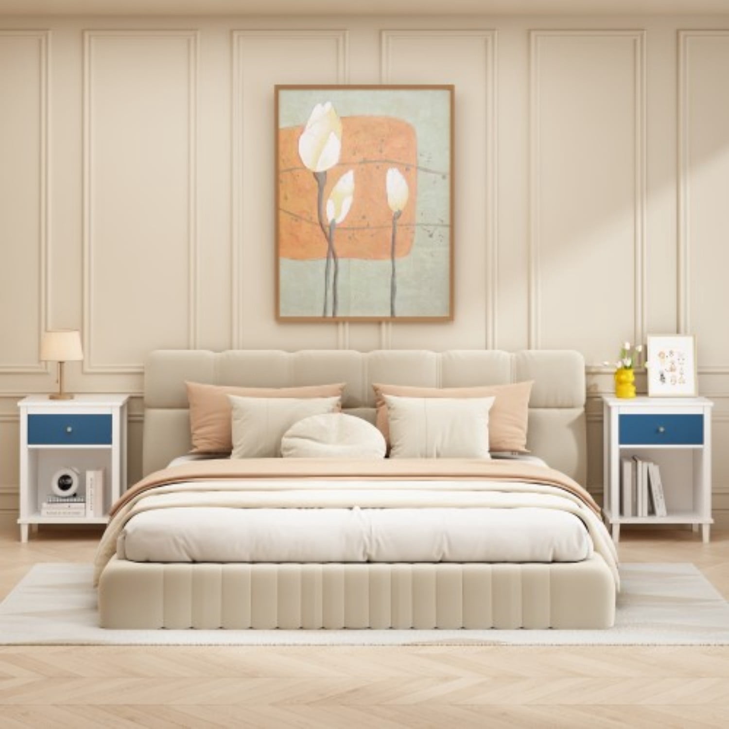 26.77" Wooden Nightstand with Drawer and Open Shelf, Modern Bedside Table for Kids & Adults, MDF End Table with Silver Handle, White+Navy