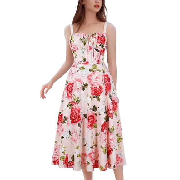 IDOPIP Women Floral Corset Spaghetti Strap Casual Sundress 2026 Summer Square Neck Boho Flowy Midi Slit Dress
