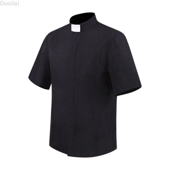 DuoJiaJ Mens Priest Shirt, Short Sleeve Dress Up Top Black Sizes M-4XL