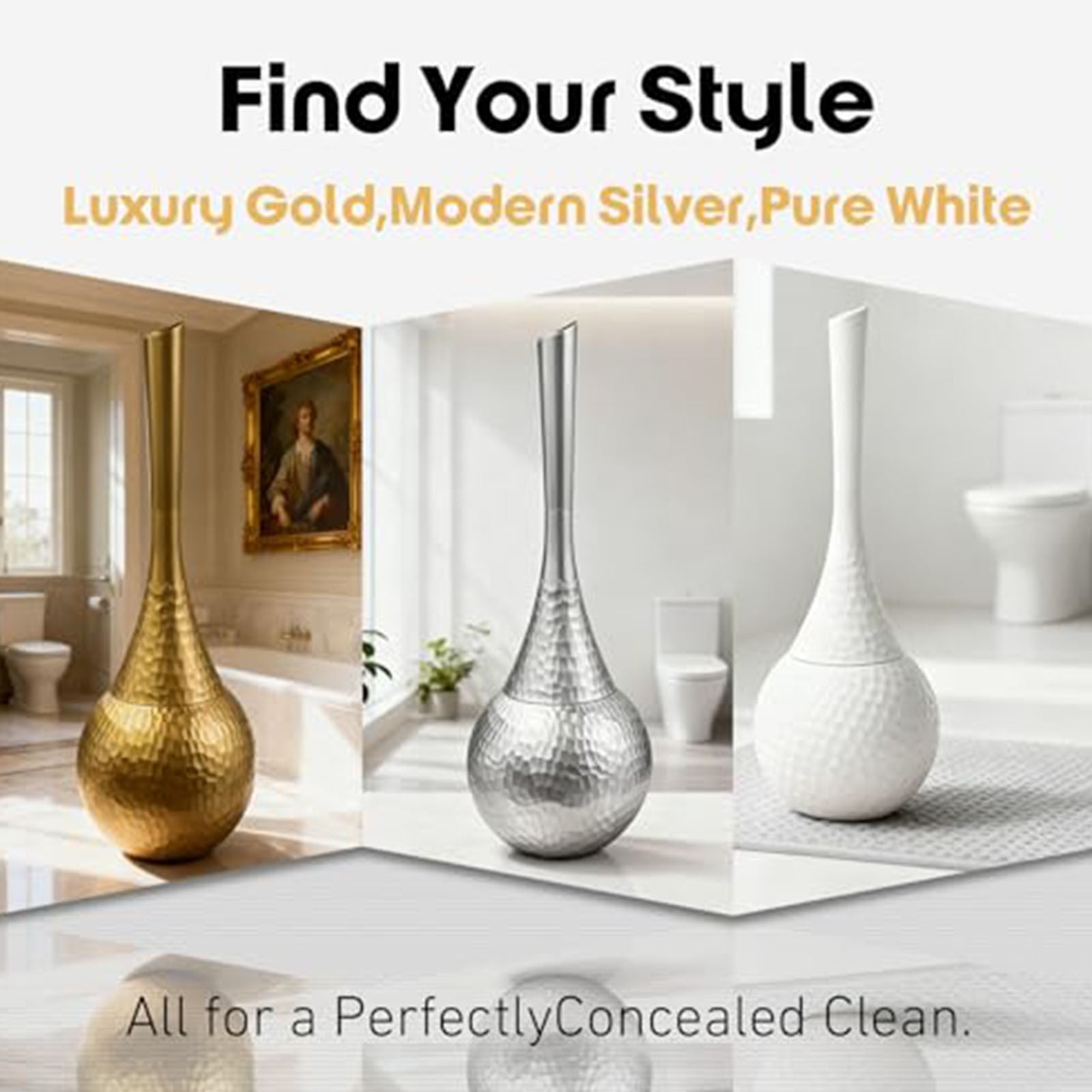Toilet Brush and Holder Set,Brushed Nickel Modern Bathroom Brush with Anti-Splash Shield 360°Cleaning,ABS Plastic Rust-Proof Waterproof Toilet Bowl Cleaner for Household Cleaning(Gold,5.5x5.5x15")