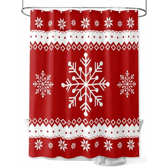 Christmas Snowflake Shower Curtain Set, Waterproof Shower Curtains for Bathroom, Winter Snowflake Red Backdrop Washable Fabric Cloth Bath Curtain for Bathtub Decoration with Hooks 48x72 Inches