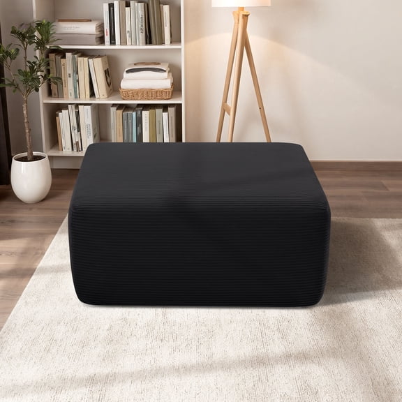 Oooh life Minimalist Oversized Ottoman Footrest for Living Room, Ottoman Foot Rest & Center Table, Thick Corduroy Ottoman Pouf, No Assembly Needed, Black Square Floor Footrest Ottoman