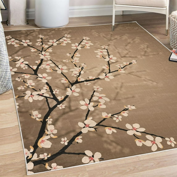 Japanese Decorative Rug, Spring Season Sakura Bloom Design Marine Toned Ombre Color Background, Quality Carpet for Bedroom Dorm and Living Room, 6 Sizes, Dark Sand, by Ambesonne