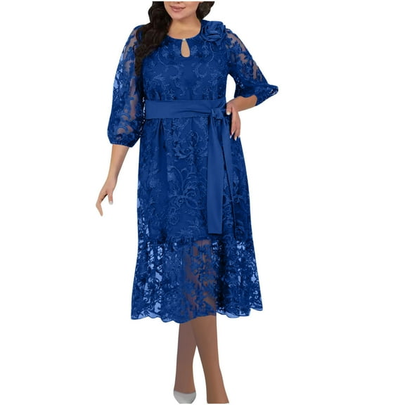 Oplxuo Women's Plus Size Lace Wedding Guest Dress, Elegant 3/4 Puff Sleeve Belted Formal Cocktail Party Midi Dresses