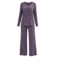 thumbnail image 5 of Cagogo Women's 2 Piece Outfit V Neck Long Sleeve Pullover Tops Wide Leg Pants Casual Set Solid Basic Lounge Sets Matching Tracksuits Travel Airport Clothes, Purple M, 5 of 9