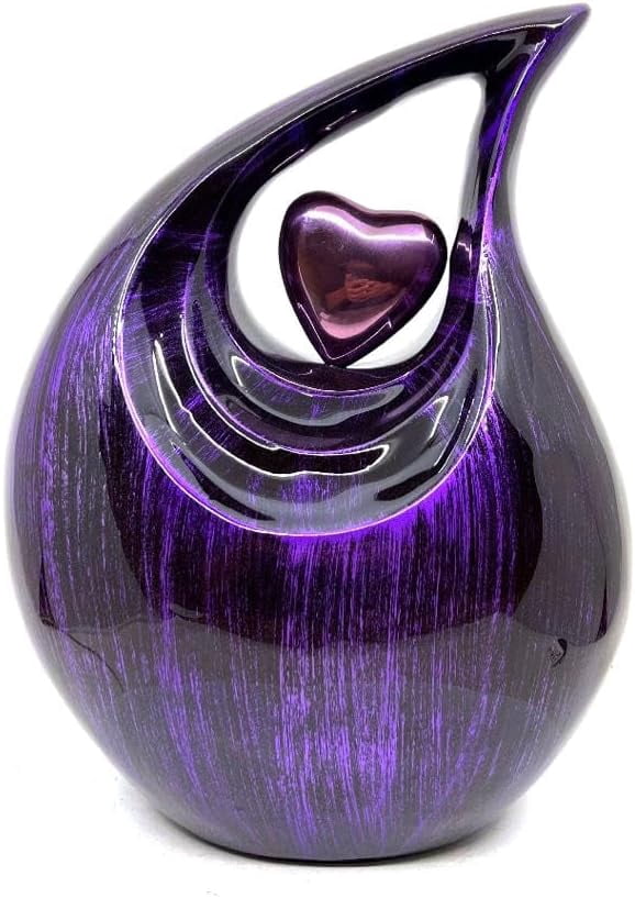 Tear Urn for Ashes 2.5L - Black & Purple Aluminum with Heart Insert - Teardrop Urns for Human Ashes - Cremation Urns for Adult Male/Female - Decorative Burial & Funeral Urn
