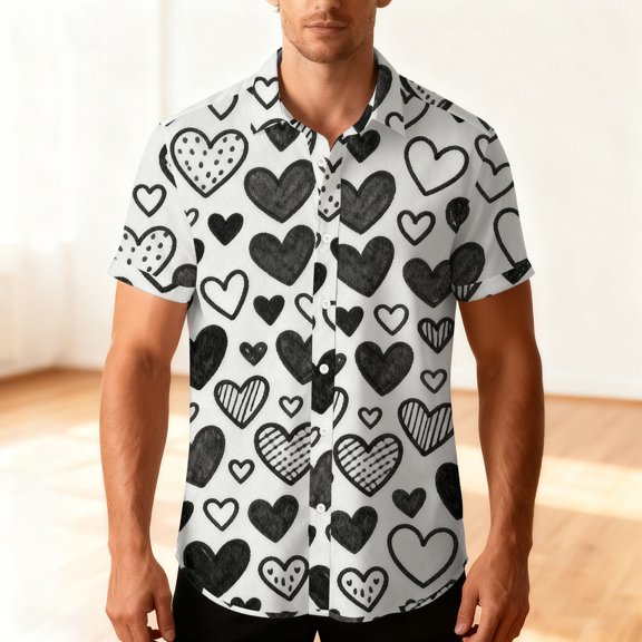 Mifsaly Mens Valentines Shirt Hearts Print Short Sleeve Blouse Cozy Breathable Vacation Tops Festival Party Lapel Basic Blouse Spring Summer Outfits M