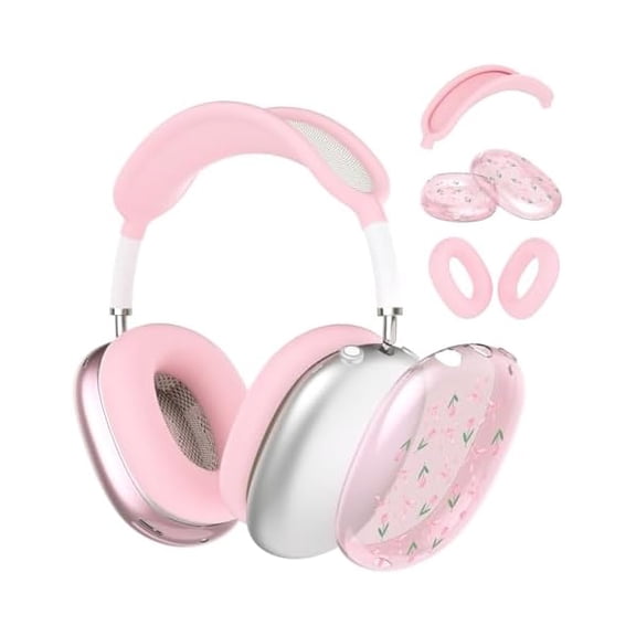 Eryueer Silicone Case Cover compatible with AirPods Max Headphones, Clear Tulip Floral Soft TPU Ear Cups Cover/Ear Pad Case Cover/Headband Cover compatible with AirPods Max (2024/2020), Pink