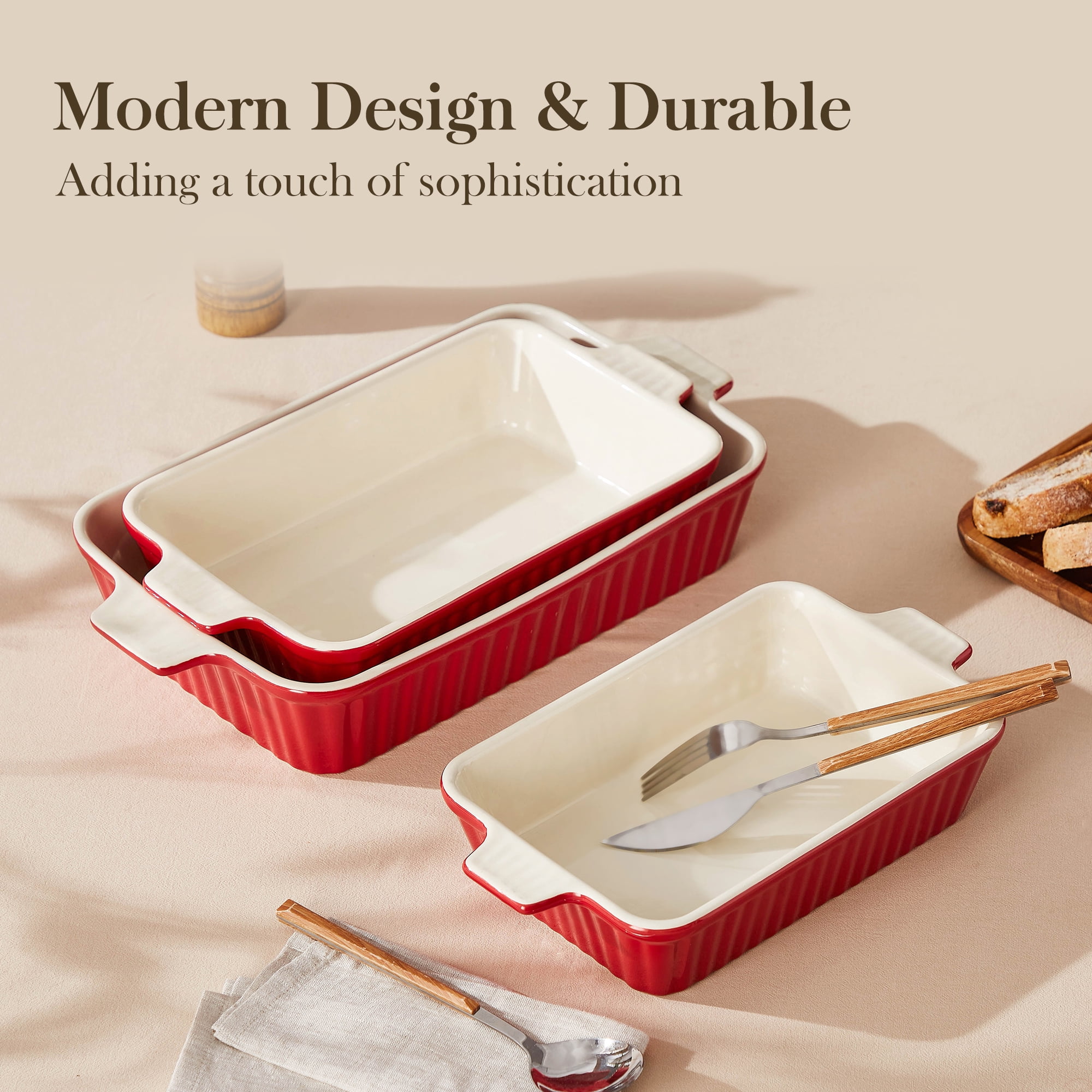 Vancasso Ceramic Baking Dish Set, Thick Casserole Dish for Oven with Handles, Deep Bakeware Sets of 3 for Baking, Lasagna Pan, Red
