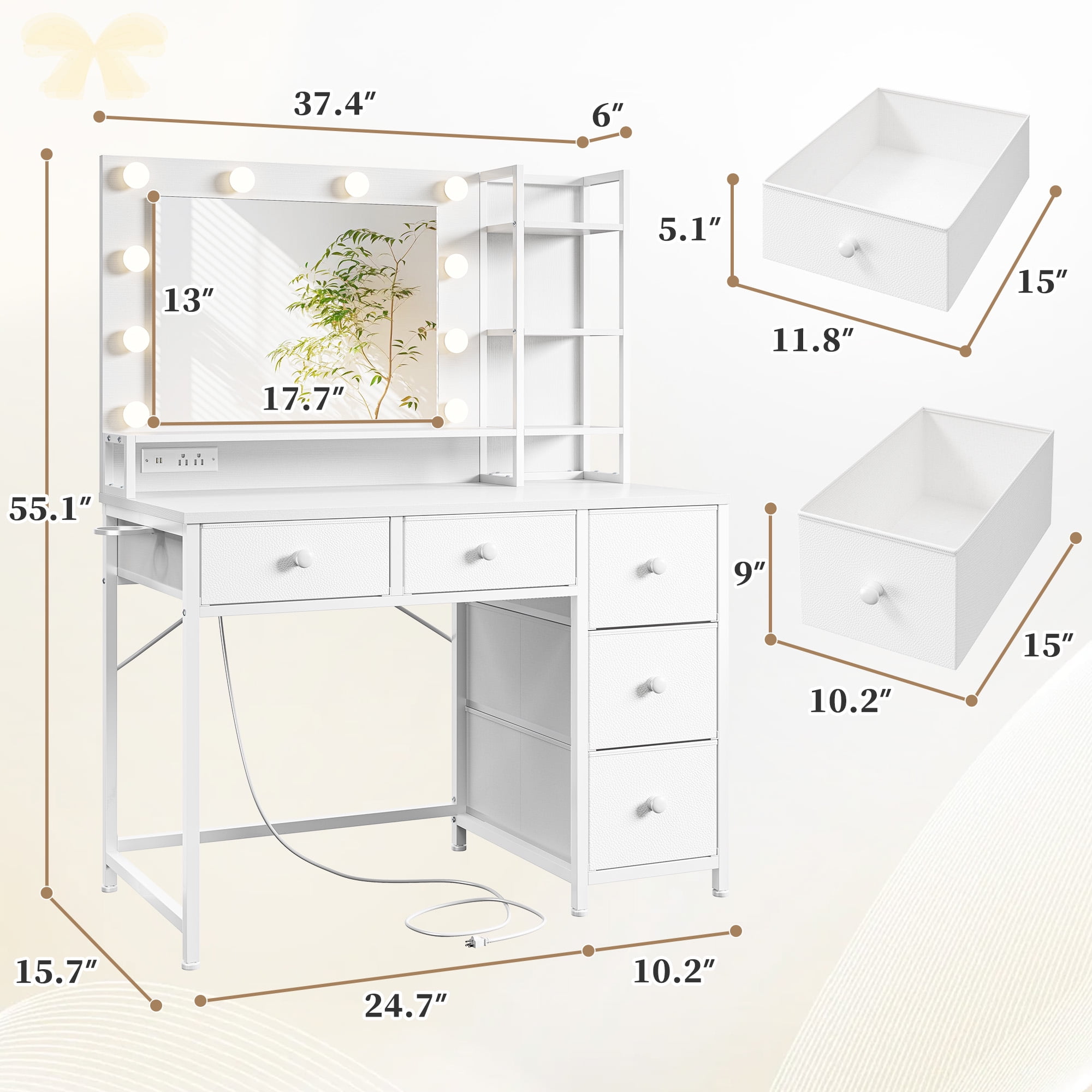 EnHomee Vanity with Mirror and Lights Makeup Vanity Desk with 5 Fabric Drawers & Power Outlet & Hair Dryer Rack Dressing Table for Bedroom,White