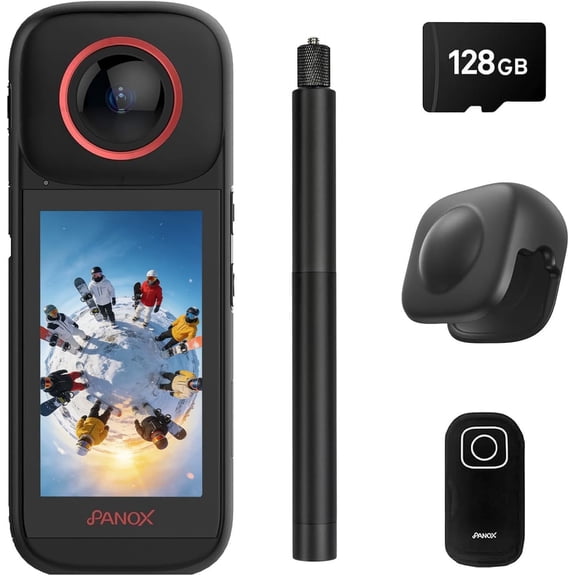 8K 360 Action Camera with Split-Screen Dual Recording, 12K Photo, Waterproof 10m, 3.0" Touchscreen, AI Auto Editing, 4K Live Streaming, GPS, Invisible Selfie Stick Effect, 128GB Card & Case Included